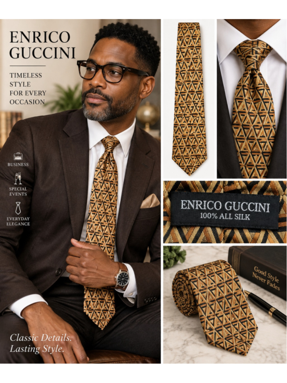Enrico Guccini 100% Silk Geometric Necktie Brown Black Gold Italian Style